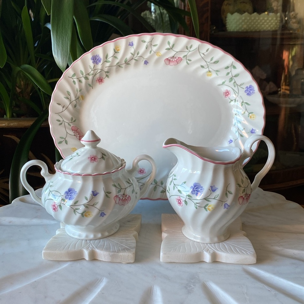 Vintage 4 Piece Johnson Brothers Summer Chintz Cream and Sugar + Serving Platter